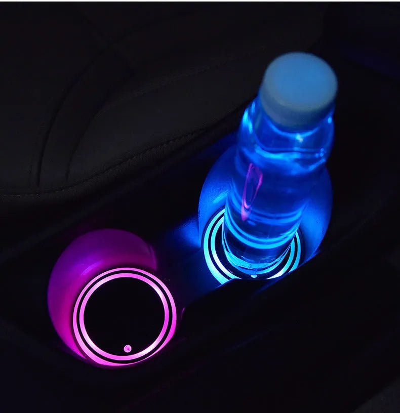 LED light-up car cup holder coaster with multicolour illumination in vehicle