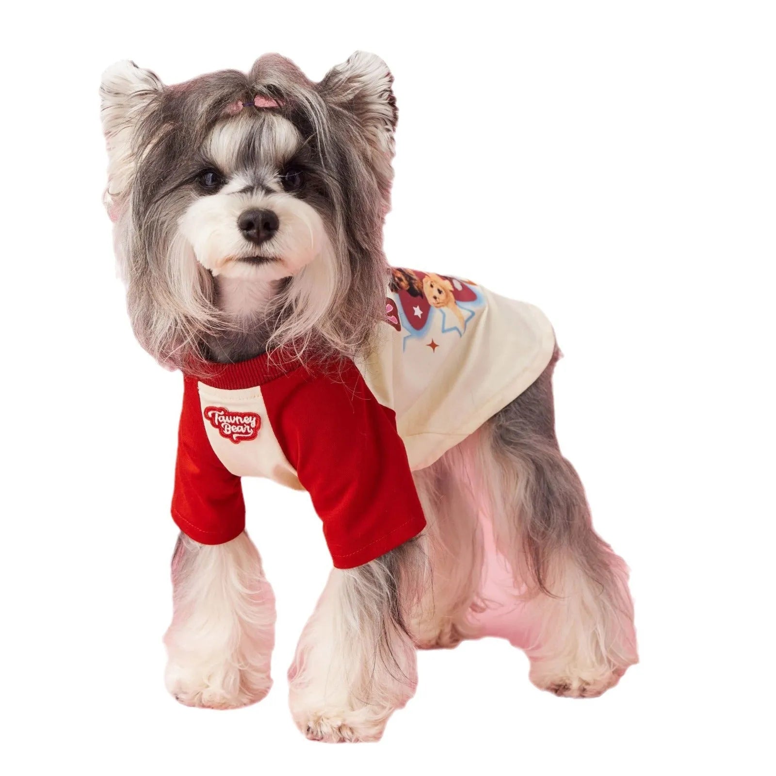 Red embroidered cotton summer outfit for a dog in size L.