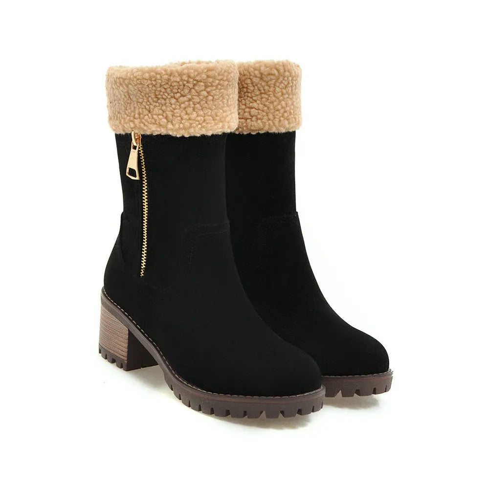 Waterproof snow boots with rubber soles and plush lining in black, grey, green, and orange colours