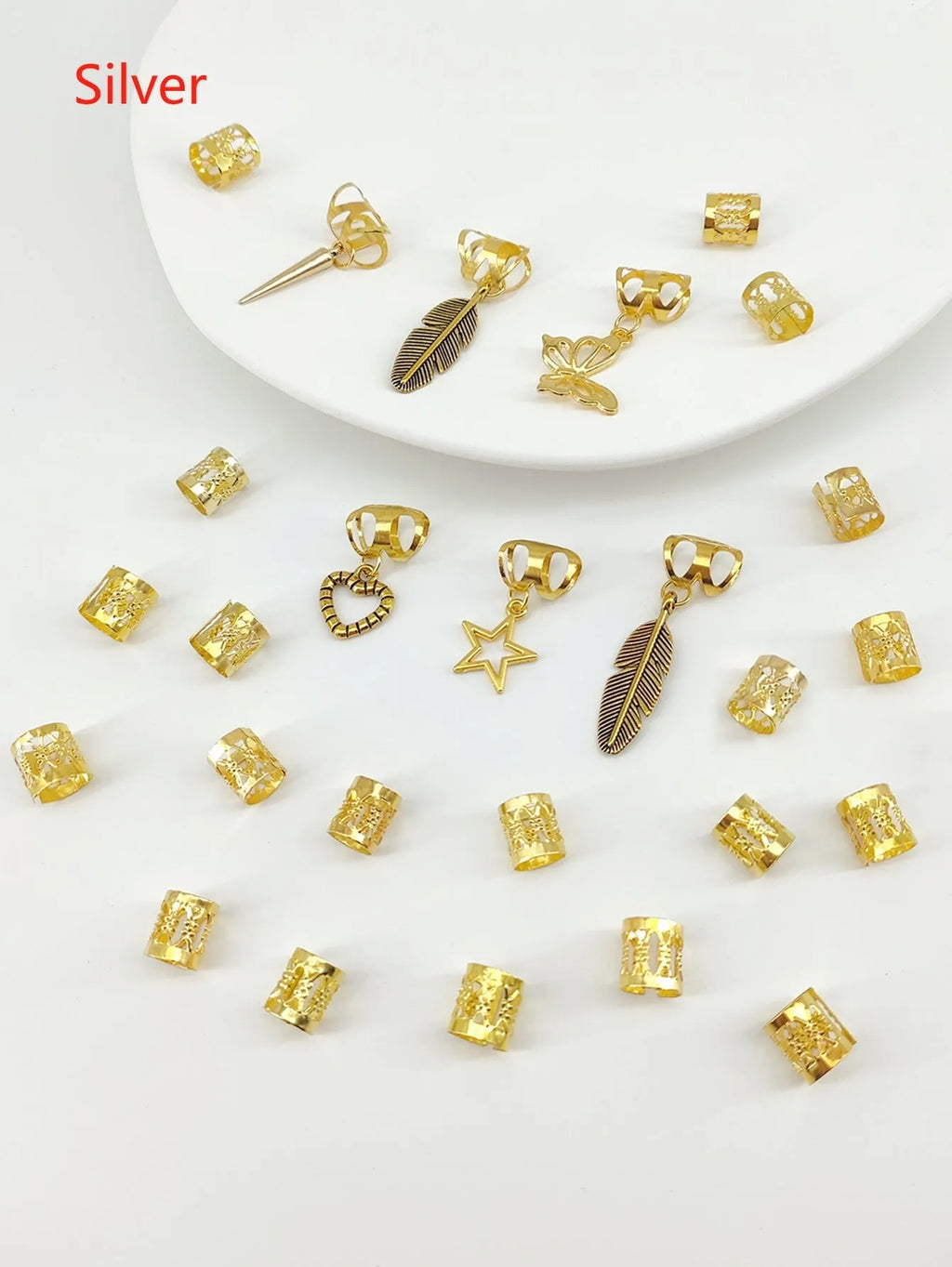 Antique dirty braid style hair rings in electroplated gold or silver alloy, 26 piece pack