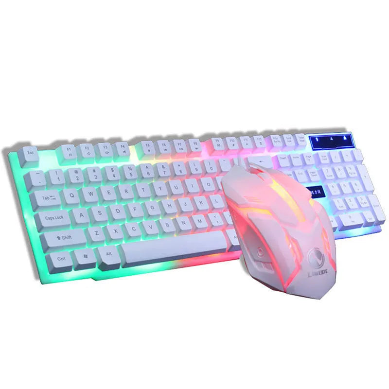 GTX300 black and white wired USB gaming keyboard and mouse set with backlit keys on desk