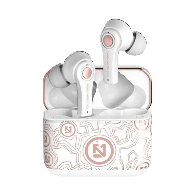 Black and white wireless Bluetooth headset with over-ear design and microphone.