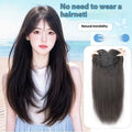 Black long straight full-head wig with high-layered cut and brown-black highlights in bangs and middle sections