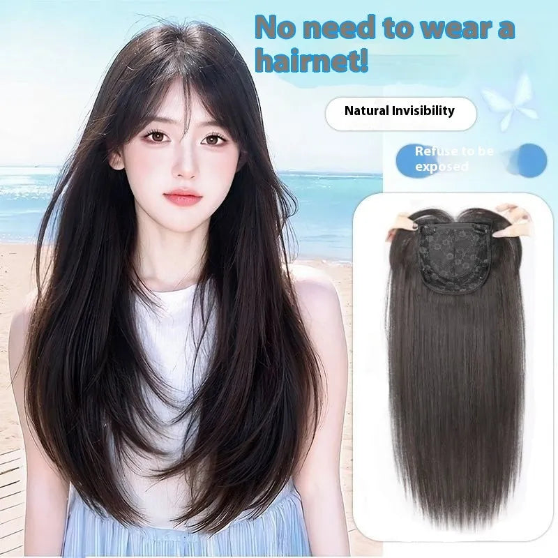 Black long straight full-head wig with high-layered cut and brown-black highlights in bangs and middle sections