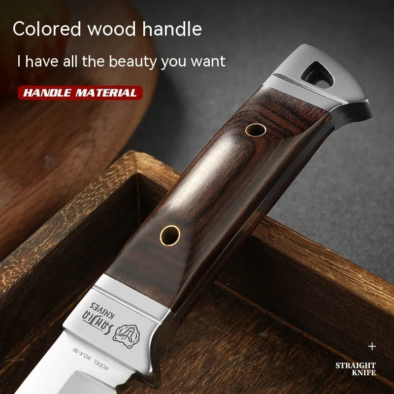 Camping portable fruit knife with leather case and stainless steel blade