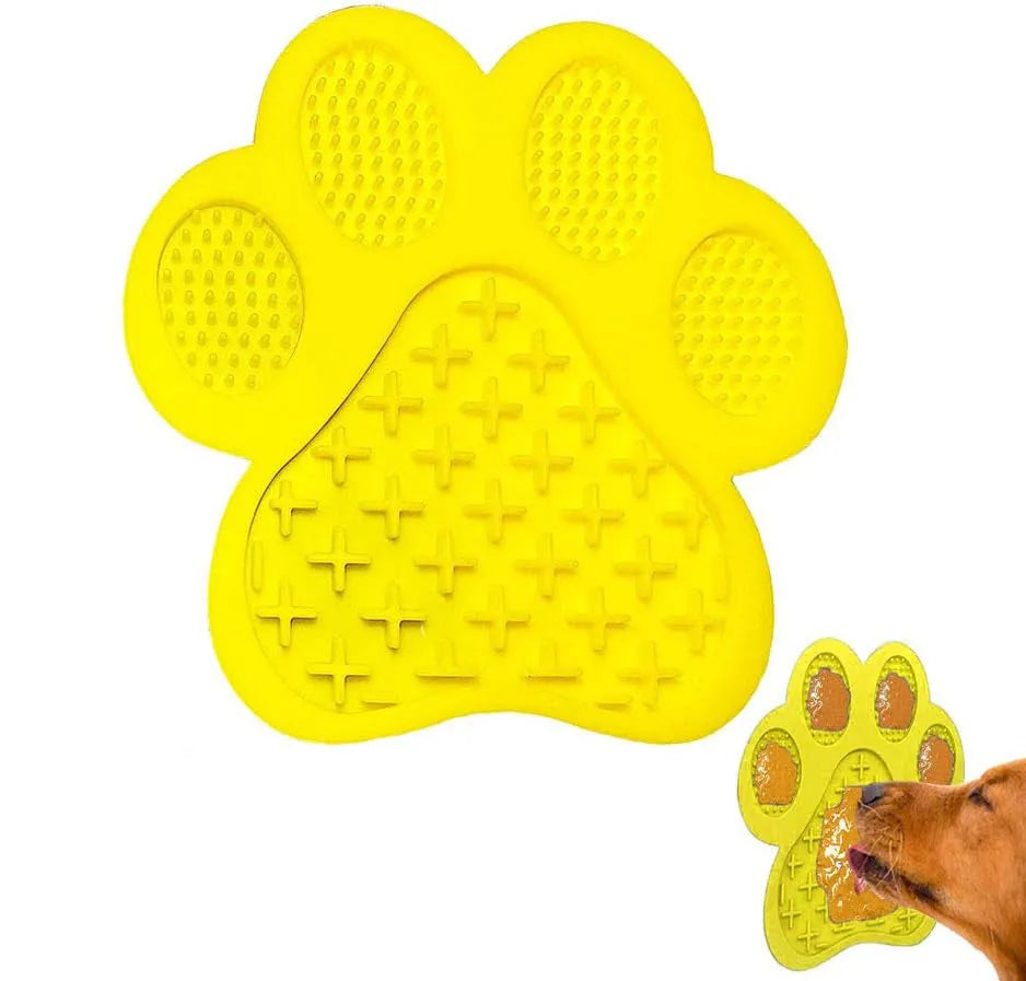 Blue bone-shaped silicone dog licking mat with suction cups on the back.