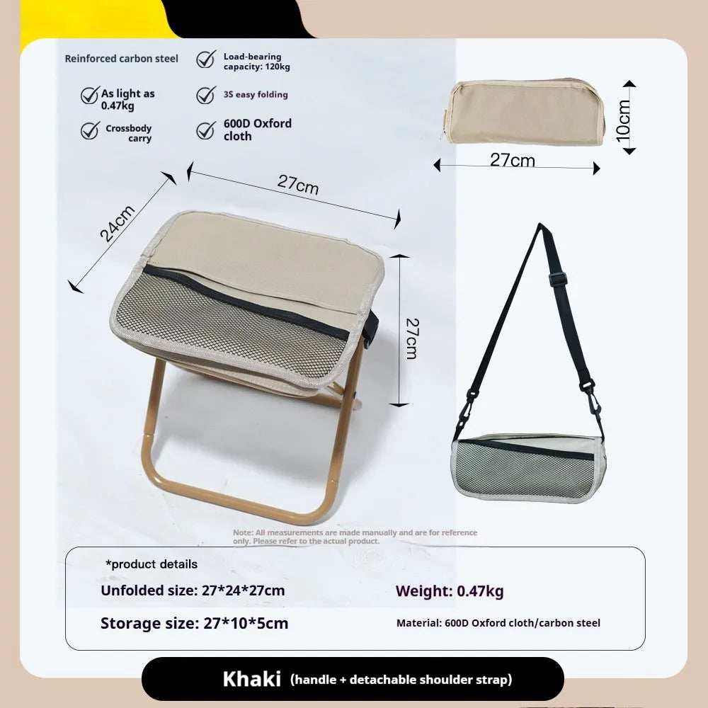 Foldable outdoor camp stool in Oxford cloth shown in a khaki colour, collapsed in its flat pencil box design.