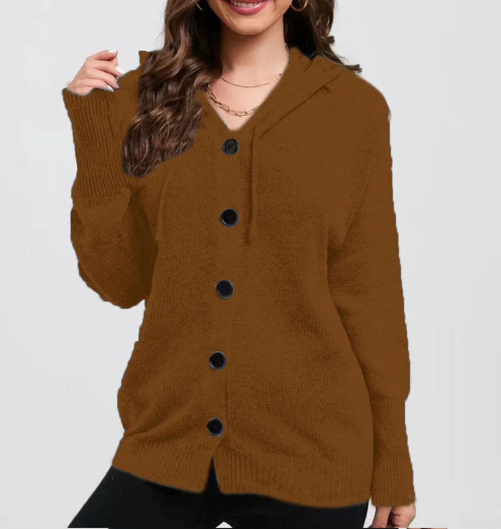 Women's thick cotton hooded cardigan sweater in loose fit, shown in Army Green colour.