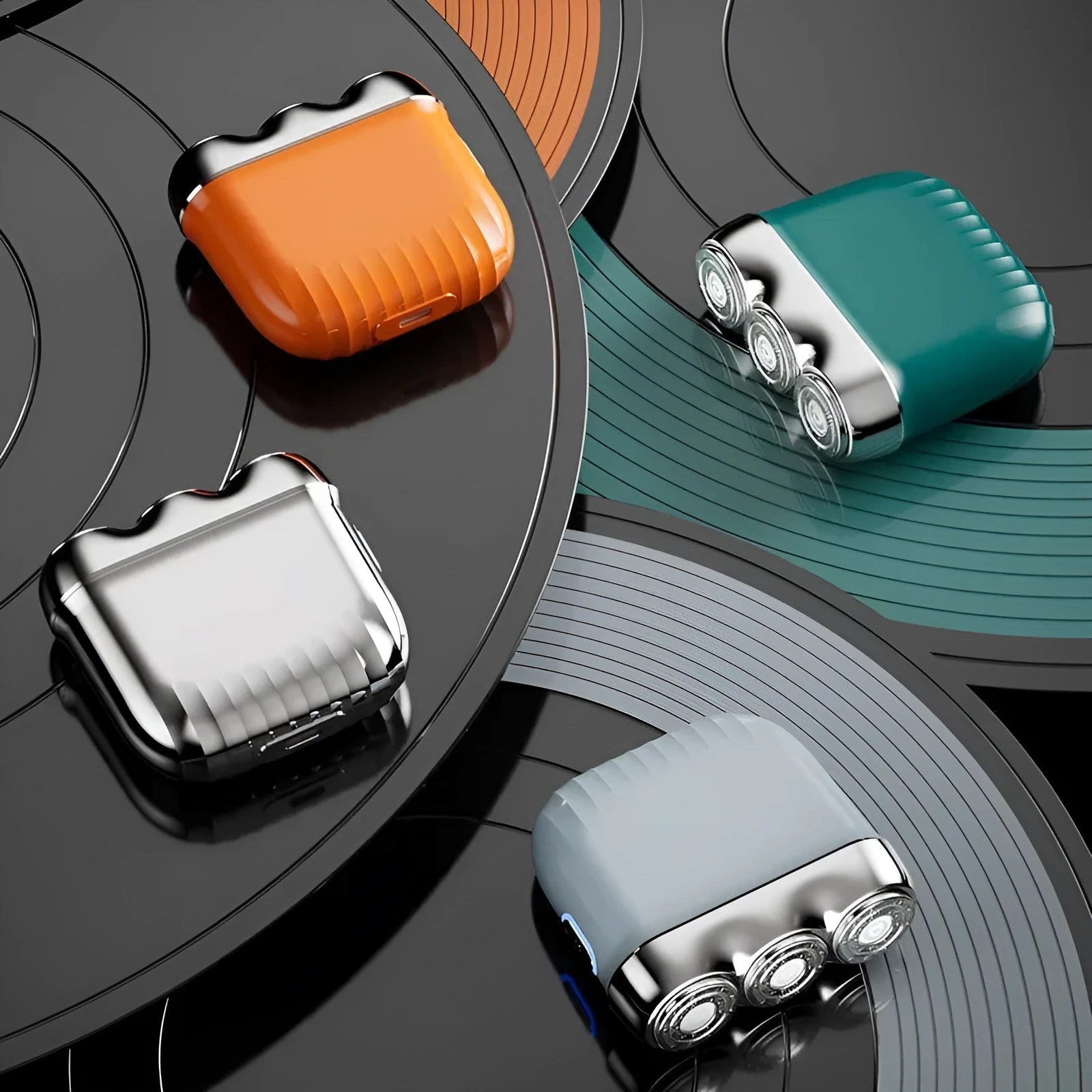 Mini electric shaver with three floating heads in gun colour, orange, green or blue finishes