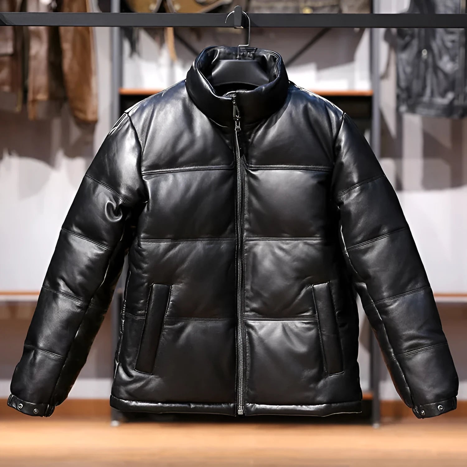 Men's black stand collar sheepskin down leather jacket with pocket decoration on a hanger