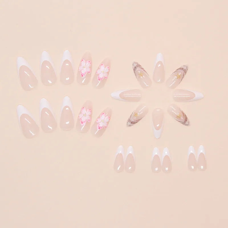 French style press-on fake nails with simple flower patterns on transparent bases, W1764 design
