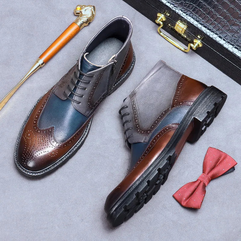 Mens curry blue leather brogue boots with colour blocking and carved design on a low square heel.
