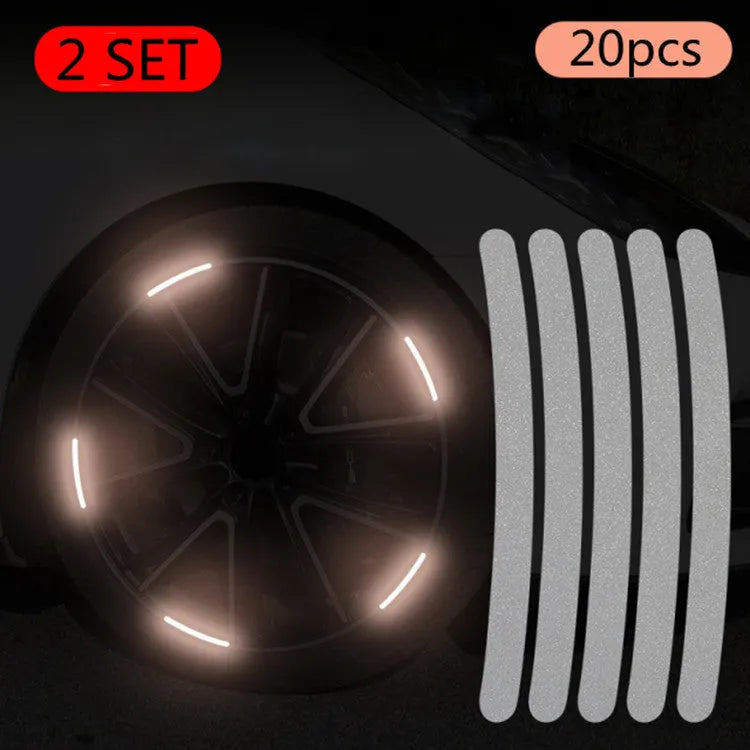 Pack of 20 arc-shaped reflective PVC stickers for car wheel hubs in multiple colours.