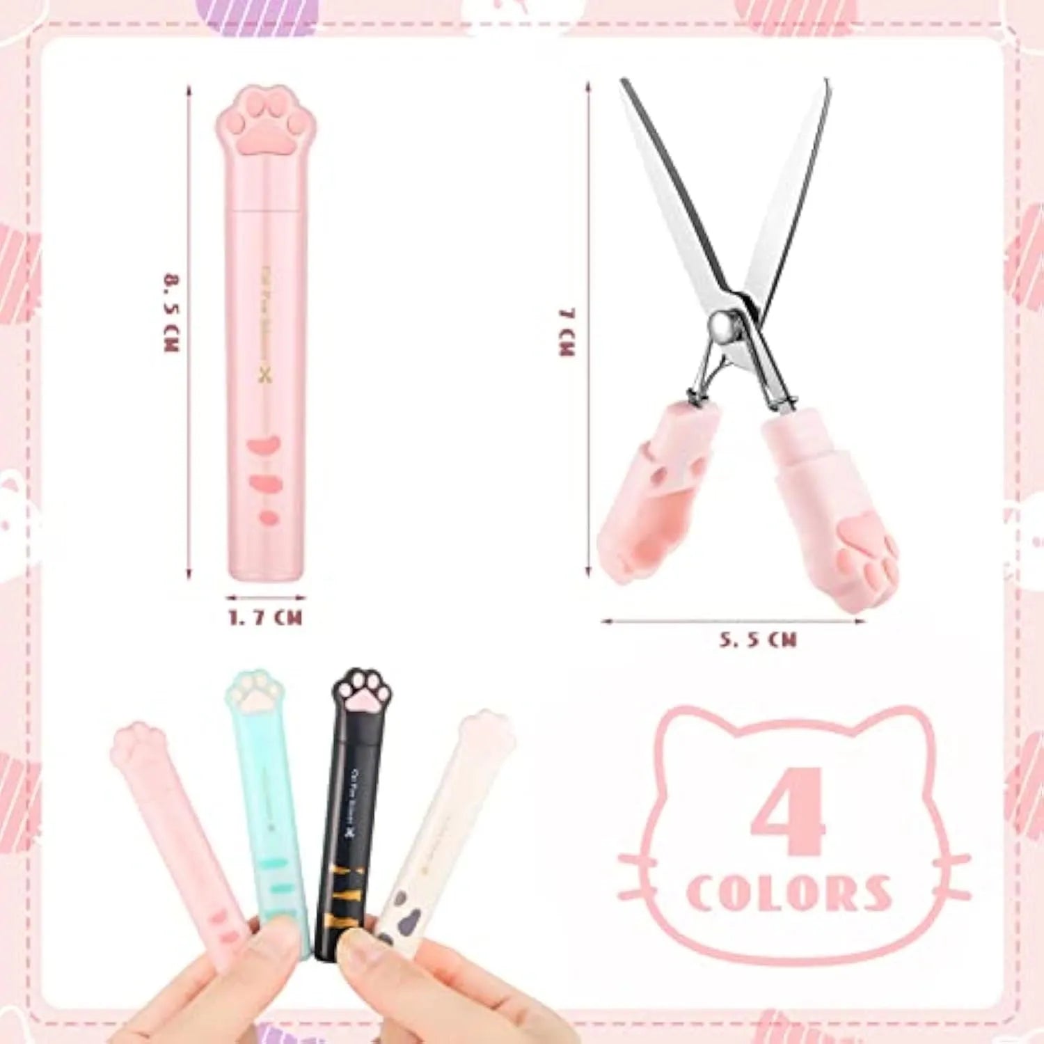 Mini folding craft scissors with cat paw handles in four colours: black, blue, pink, and white.