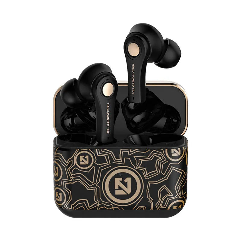 Black and white wireless Bluetooth headset with over-ear design and microphone.