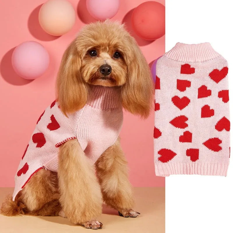 Red love heart design acrylic knit dog sweater for small dogs in size S.