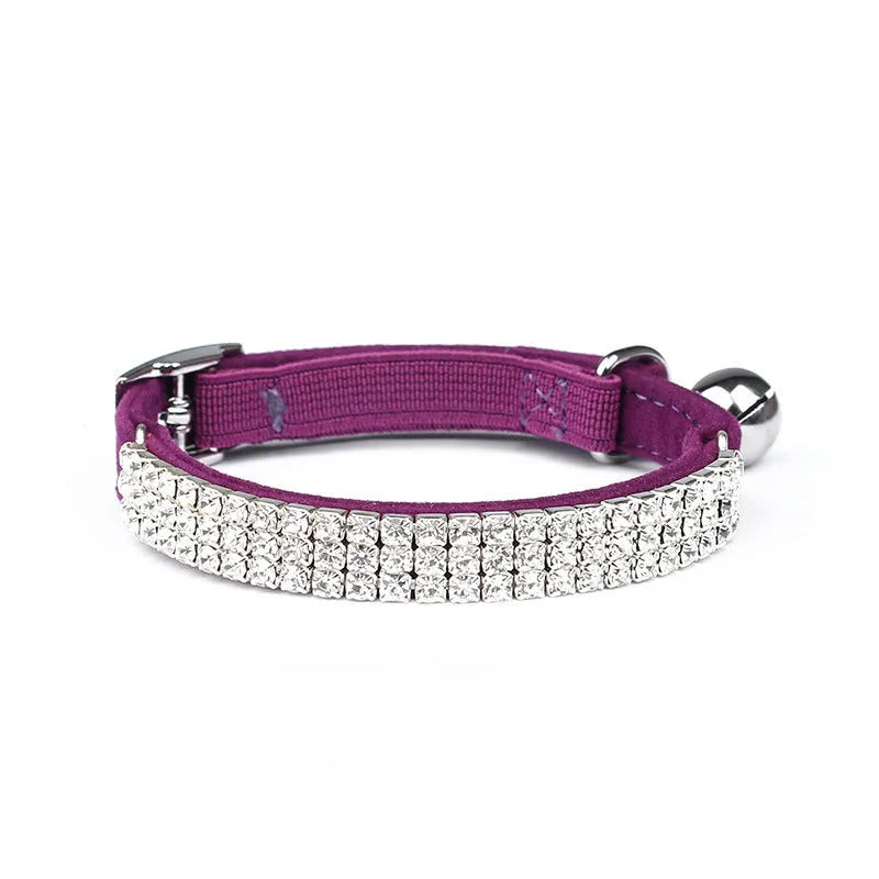 Adjustable suede cat collar with rhinestones in red, blue, purple, black, pink colours.