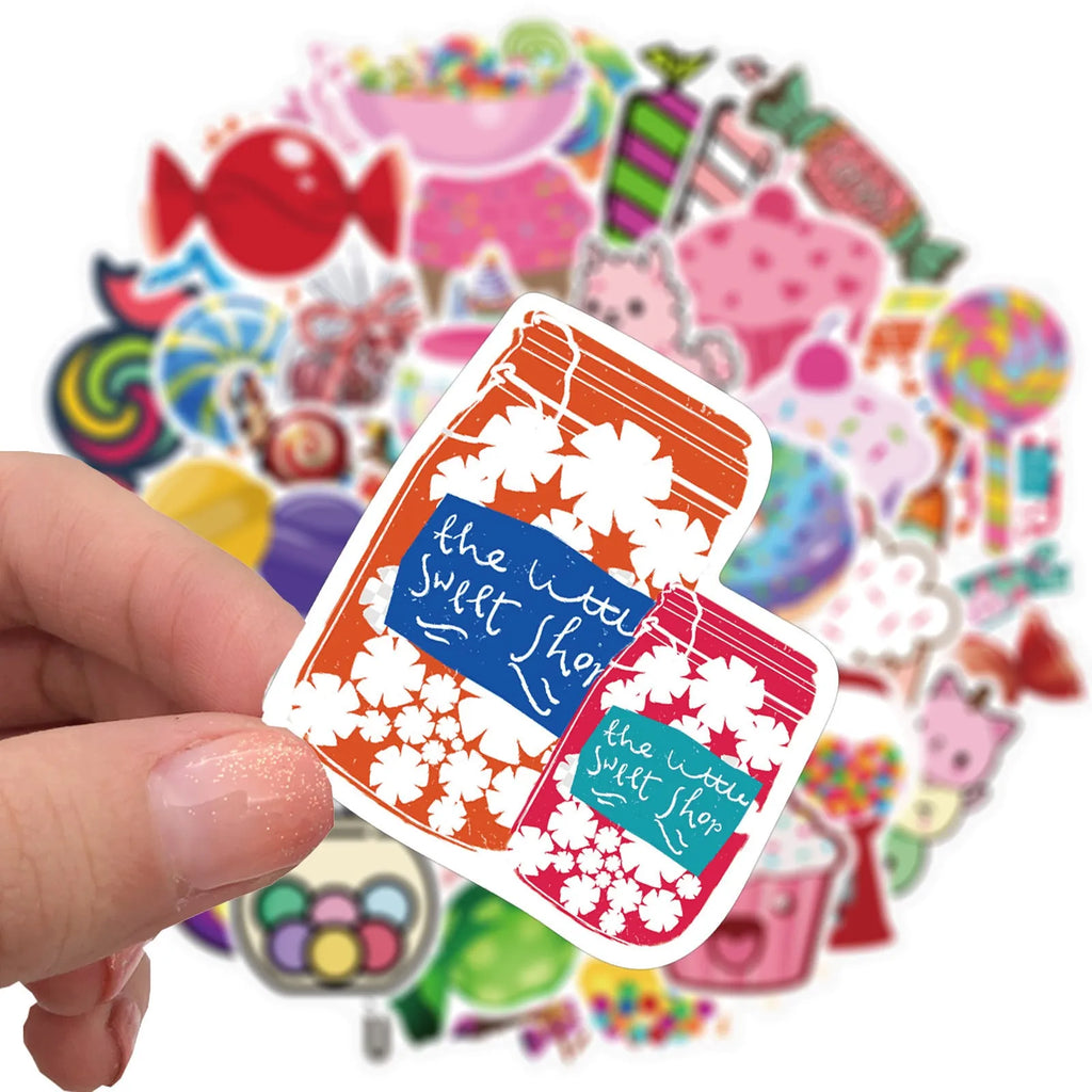 Pack of 50 colourful candy theme graffiti stickers, each measuring 4-6cm.
