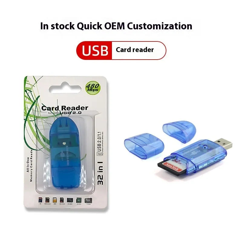 Transparent plastic USB card reader with LED lighting on computer desk