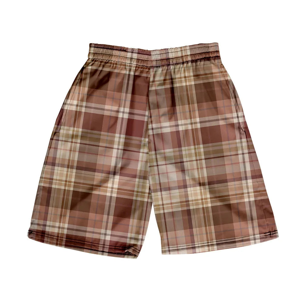 Men's plaid polyester shorts with elastic waistband in straight cut design