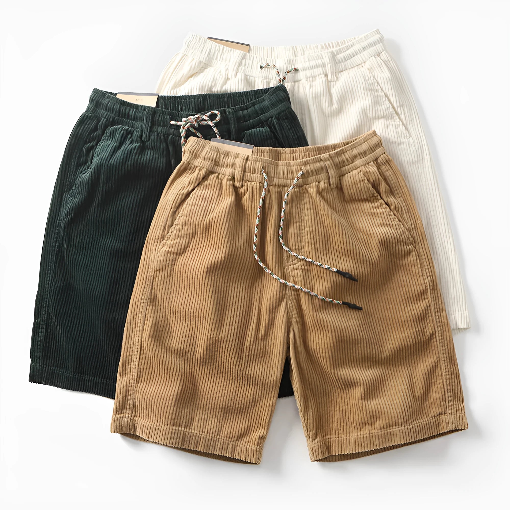 Men's retro American-style cargo shorts in straight-leg cut showing khaki colour option