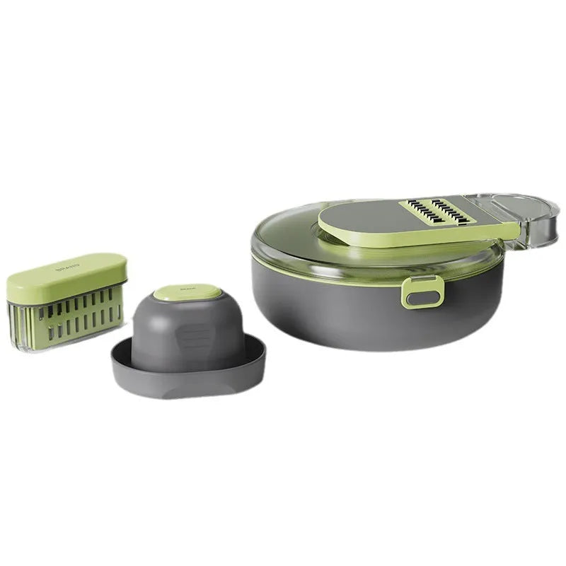 Grey and white multifunctional vegetable cutter set with eight stainless steel knives and accessories on a countertop.