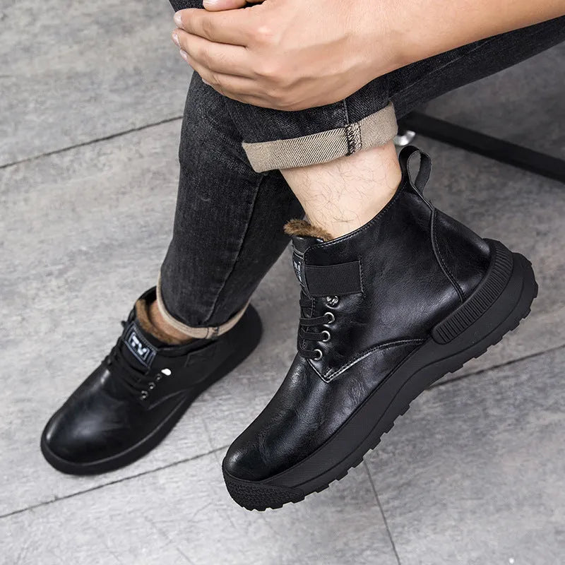Black and brown high-top Martin platform boots with velvet artificial PU upper and rubber sole