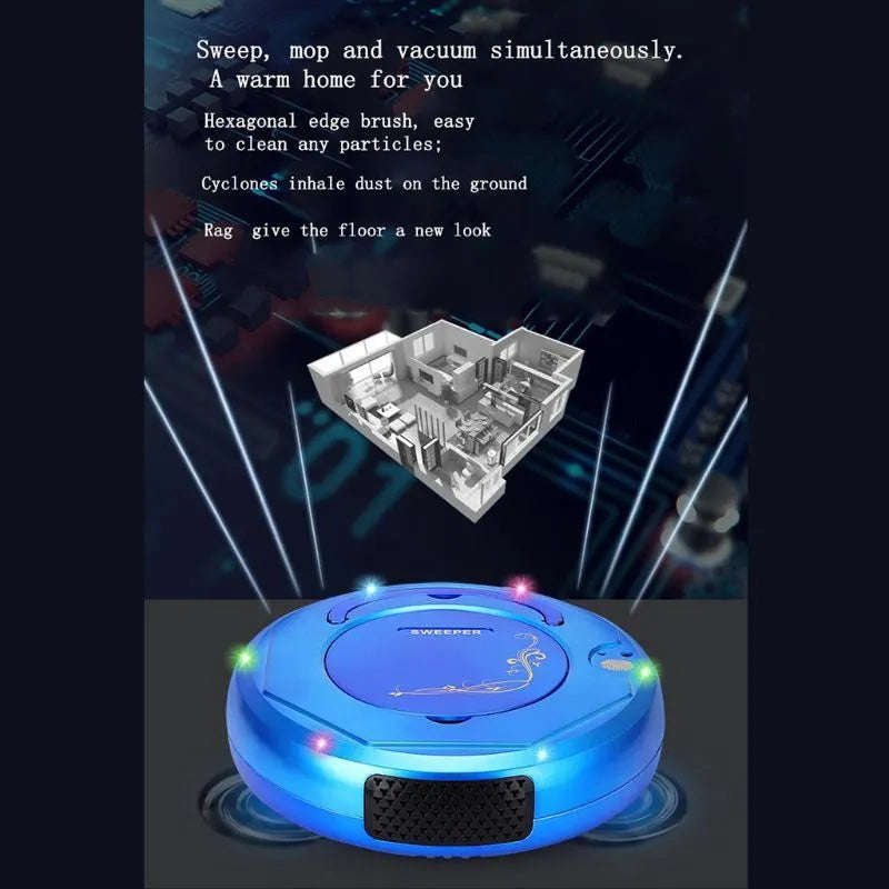 Blue smart vacuum cleaner robot on a tiled floor with charging cable and brush accessories.