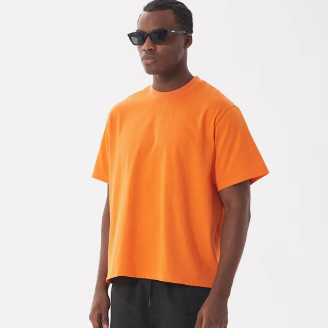 Men's loose fit pure cotton T-shirt in apricot colour, short sleeves, American style.