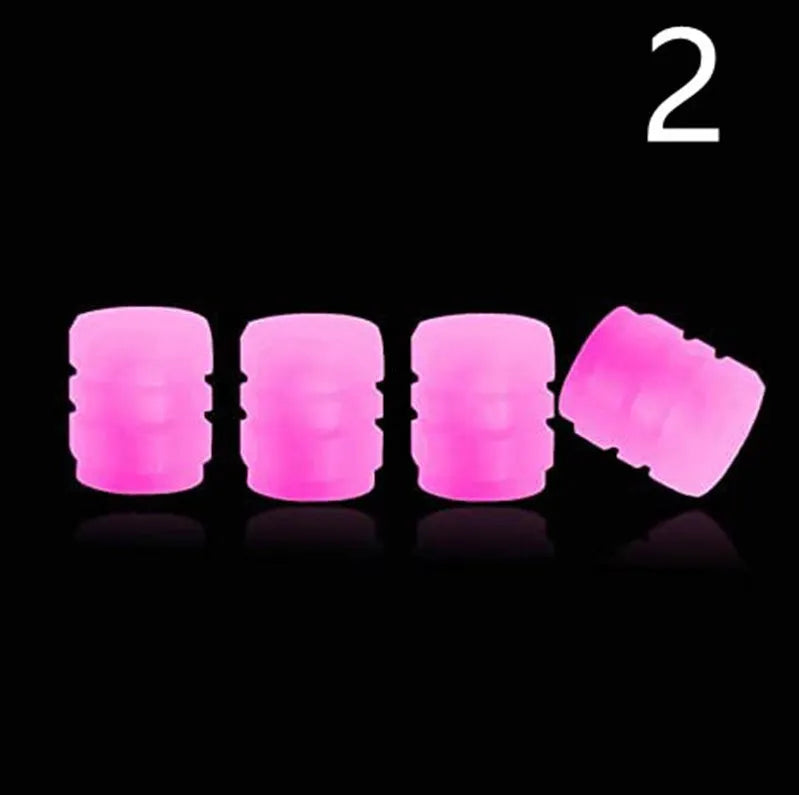 Rubber luminous tyre valve caps in multiple colours showing pack size options for bicycle and motorbike wheels