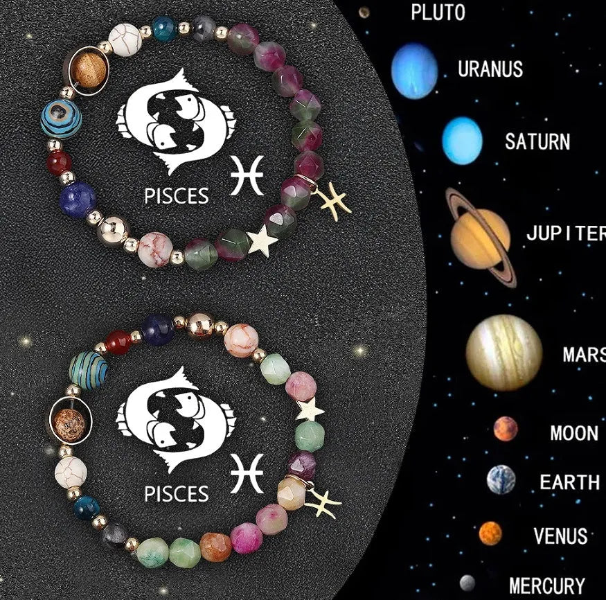 Set of twelve natural stone beaded bracelets, each representing a different zodiac sign.