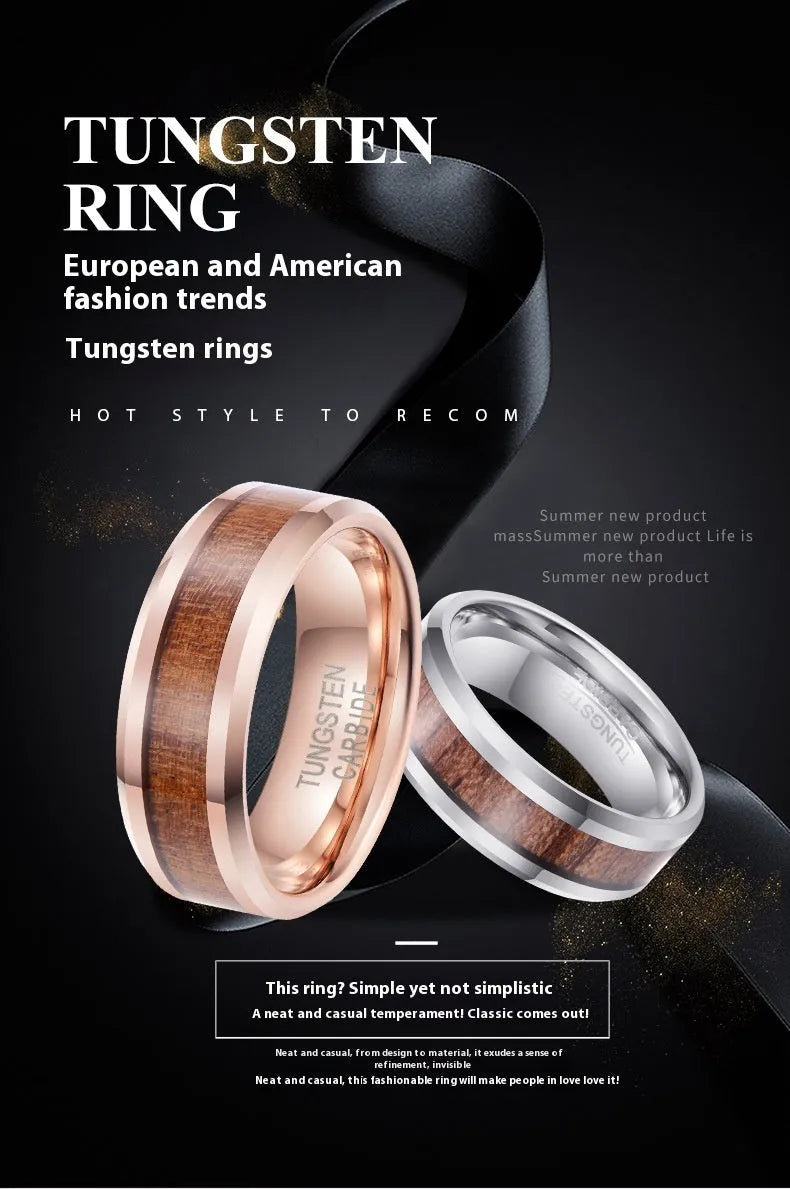 8mm wide tungsten ring with textured wood and leather finish in Ugyen design