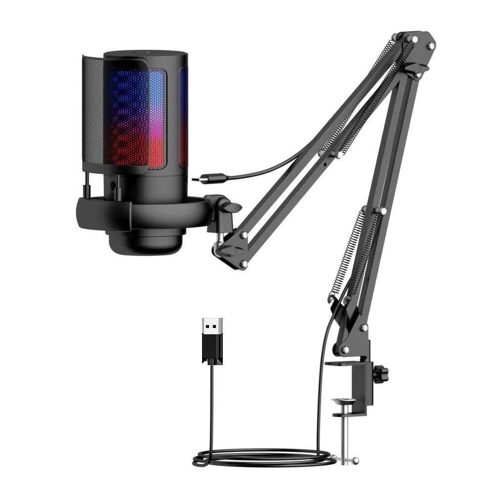 USB condenser microphone with LED lighting effects in multiple colour configurations including standard, mesh, and cantilever options