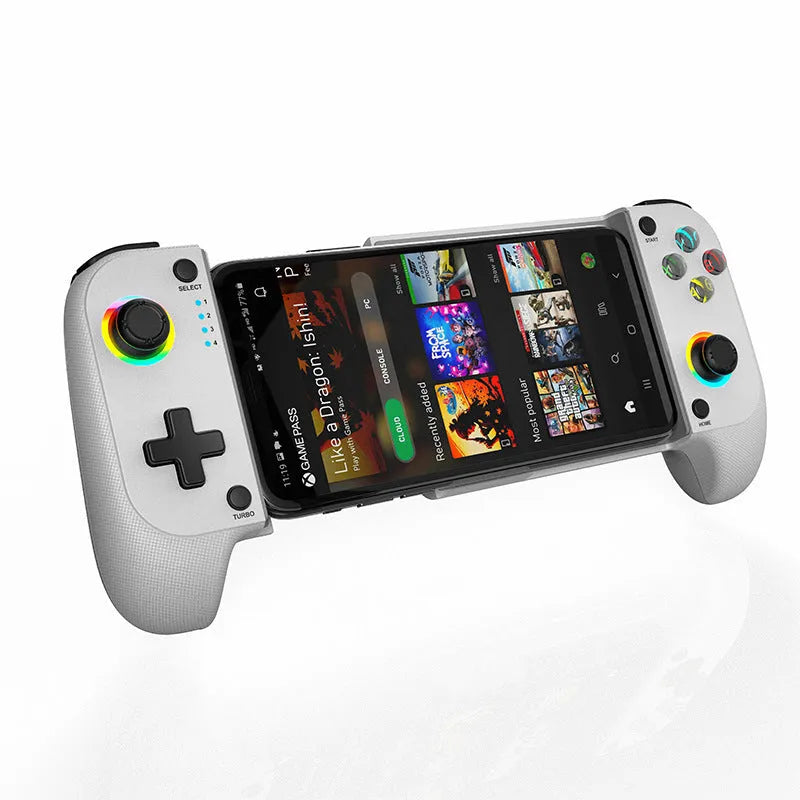 Bluetooth wireless stretching game controller for mobile phones in black, red and blue, or white.