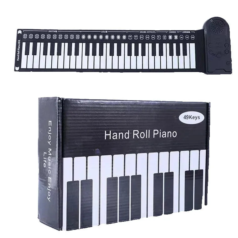 Gloss black portable folding electronic keyboard with 49 silicone keys, unfolded next to its compact folded size.