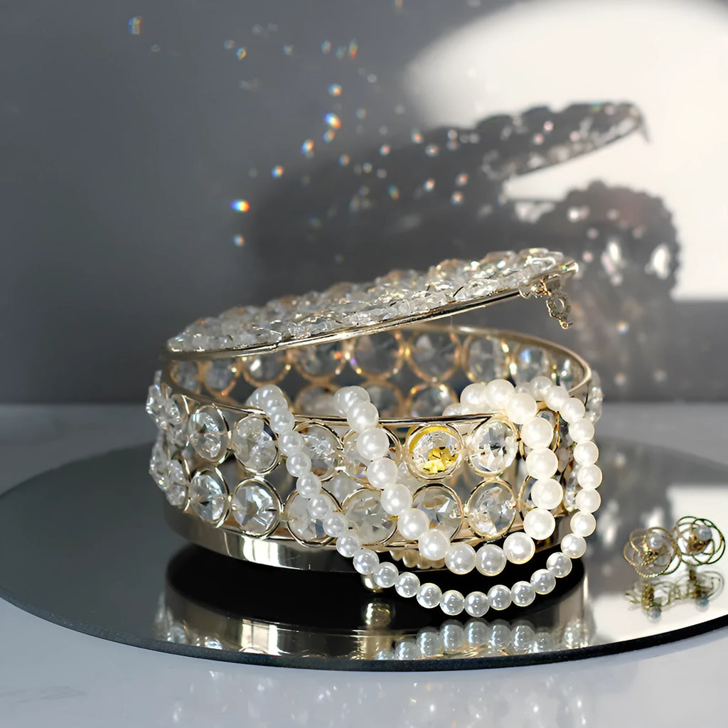 Crystal glass jewellery storage box with French gold metal frame and European design