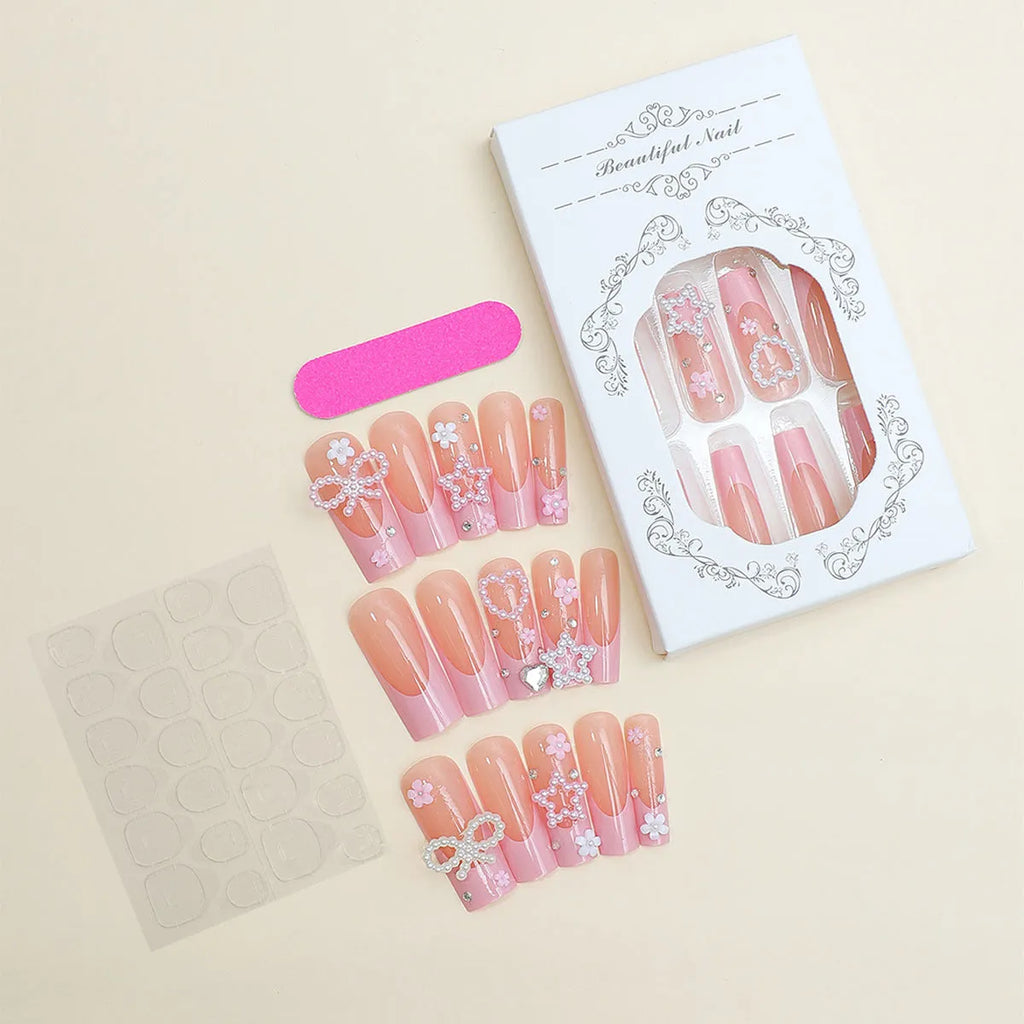 Super Long Water Pipe French Spot Drill Bow nail set with love pattern in XB-70-48 colour including plastic armour suit.