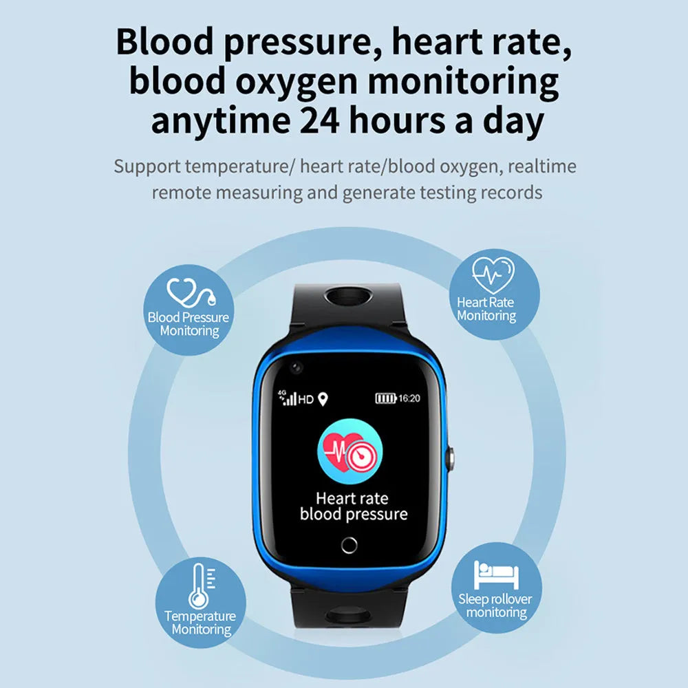 Square screen elderly positioning watch with GPS tracking and SOS calling features in black, blue, or silver colours
