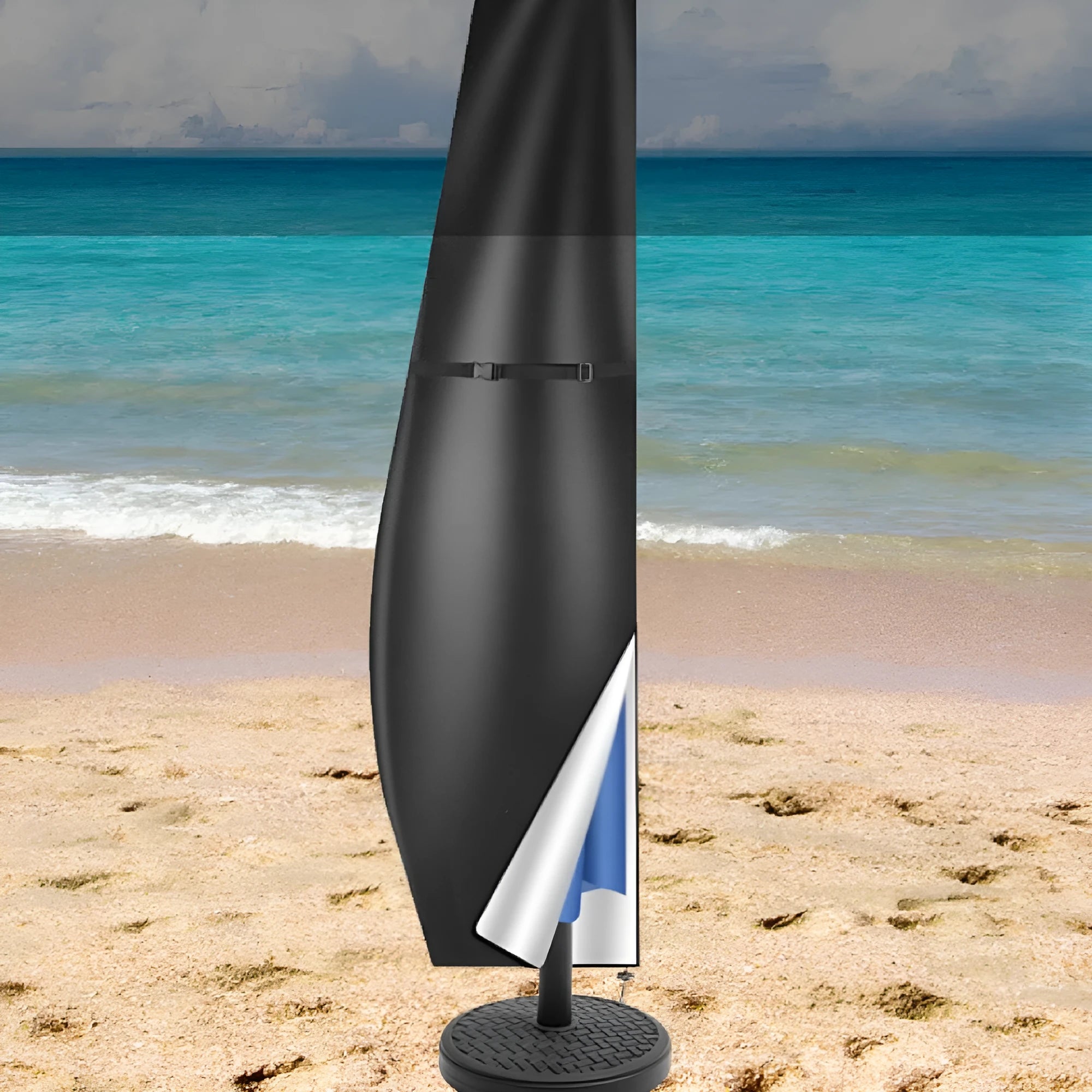 Black or grey Oxford cloth waterproof cover fitted on an outdoor offset banana umbrella
