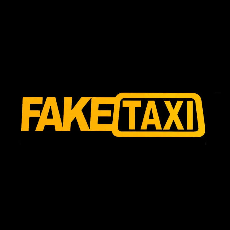 FAKE TAXI waterproof car warning sticker in black, measuring 20cm by 8cm.