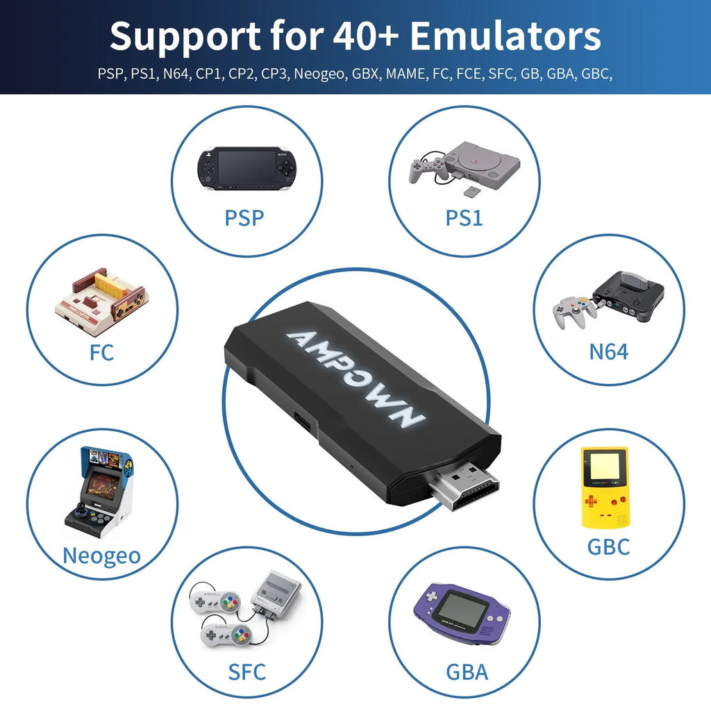 Compact black HD home TV game console with wireless controller on a stand