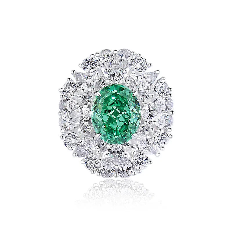 S925 silver emerald ring for women with inlaid high carbon diamonds in a geometric design on a white background.