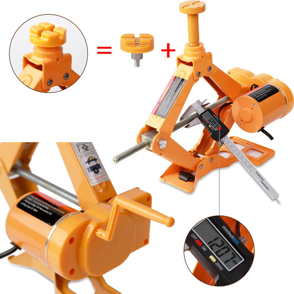 Yellow electric car jack set with 12V power cable and matching electric wrench