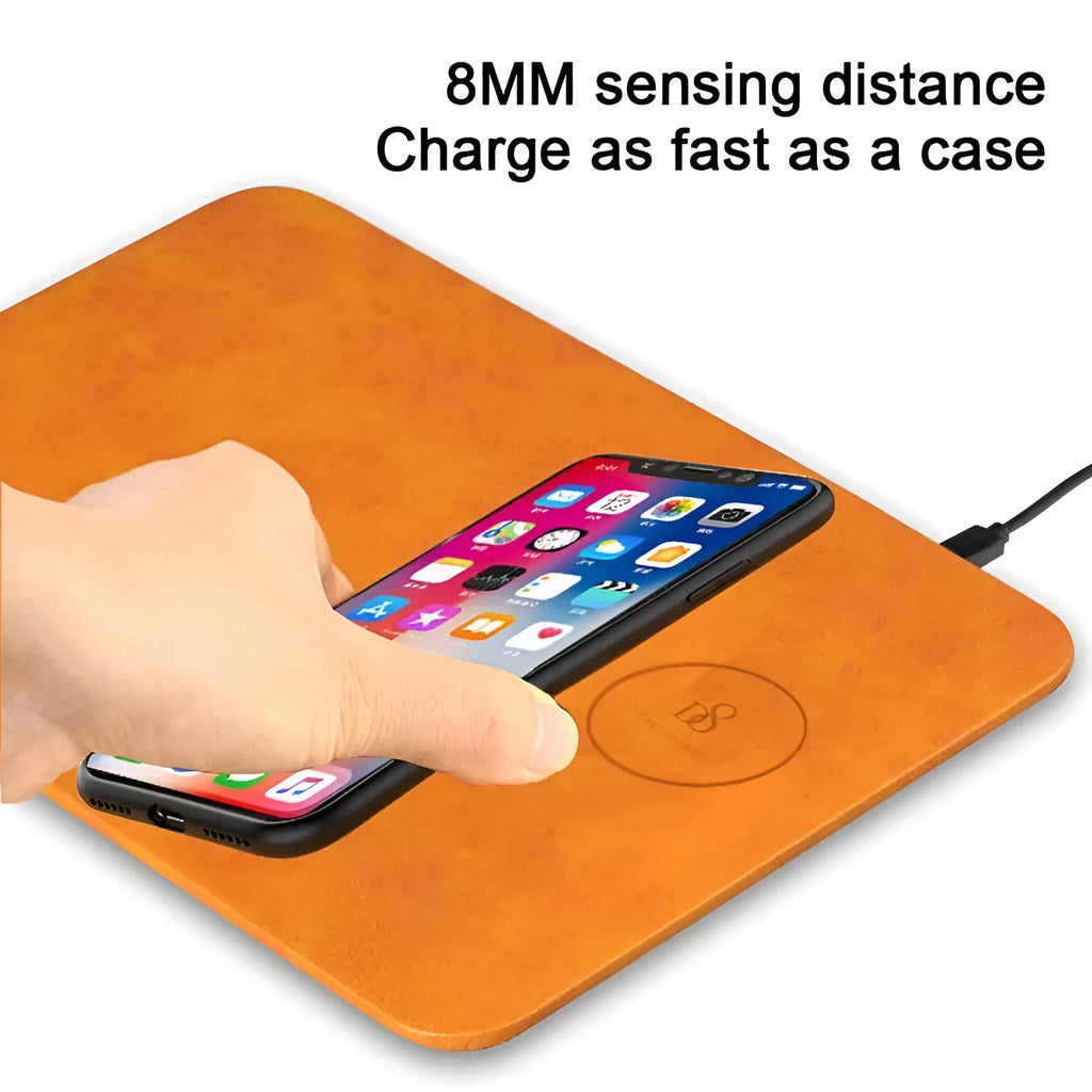 Brown leather wireless charging mouse pad with Micro USB cable for desk charging