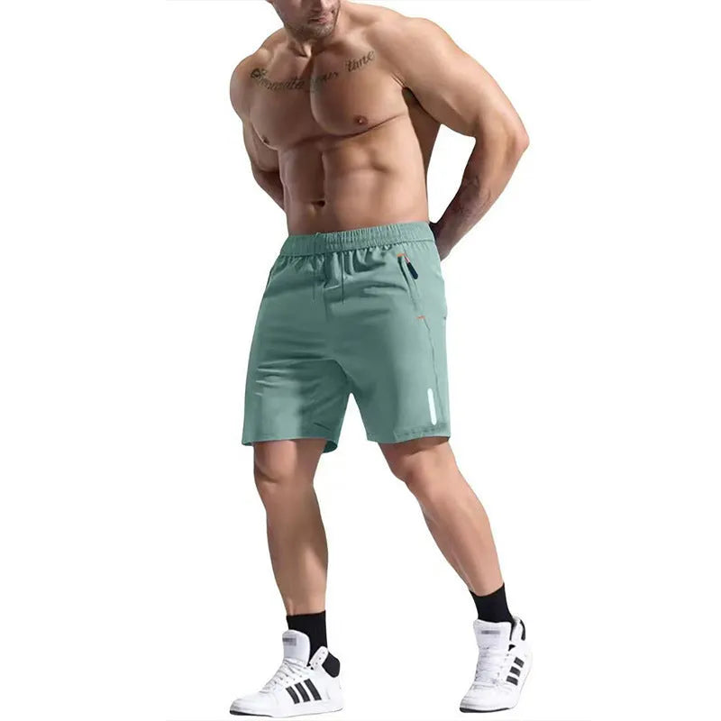 Men's grey bamboo fibre sports shorts with an elastic high waist and drawstring closure.