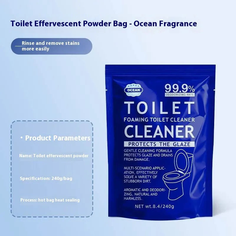 Box and bag of toilet bubble cleaning powder in blue ocean and pink floral fragrance options.