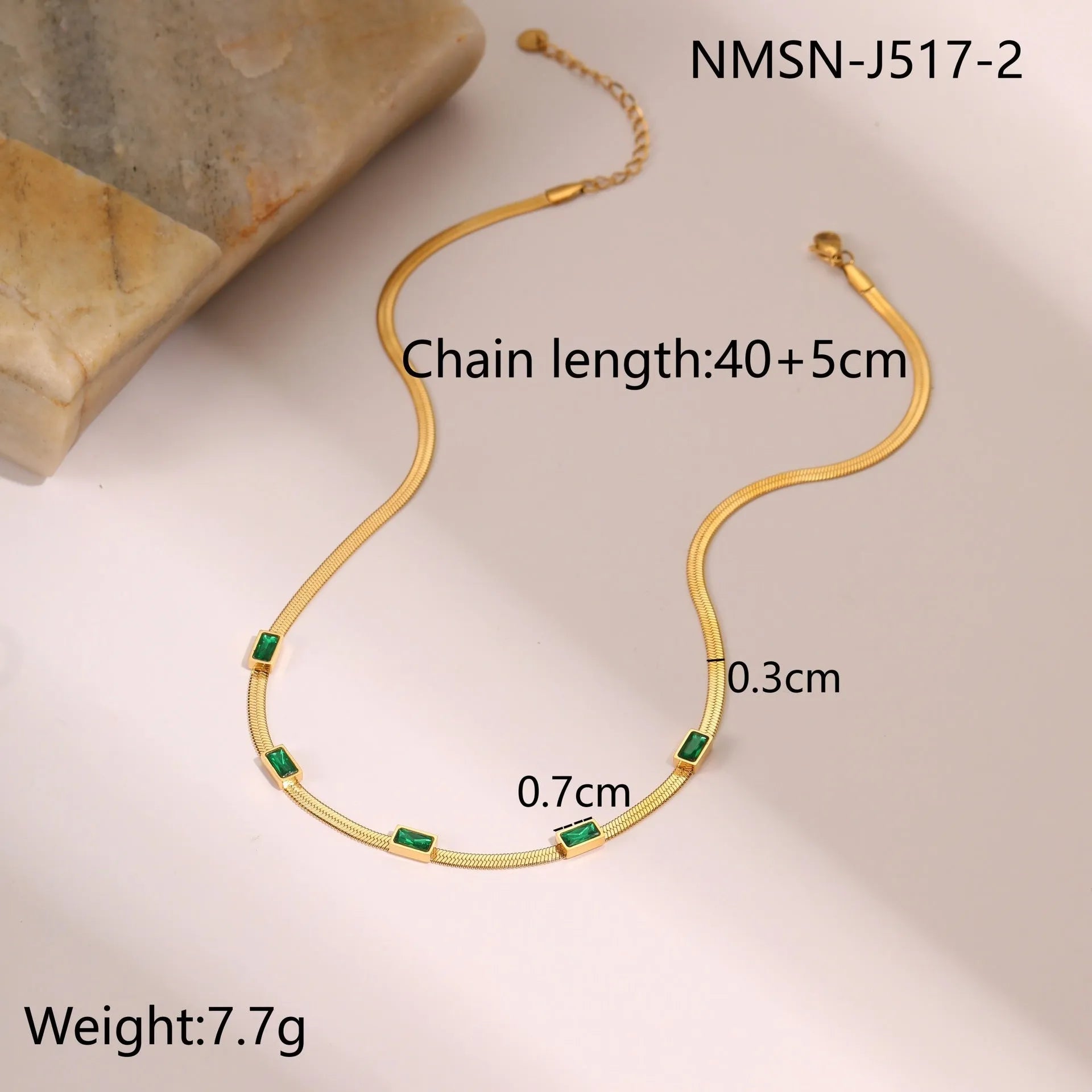 Geometric square zircon necklace on flat snake chain with gold or steel colour electroplated finish