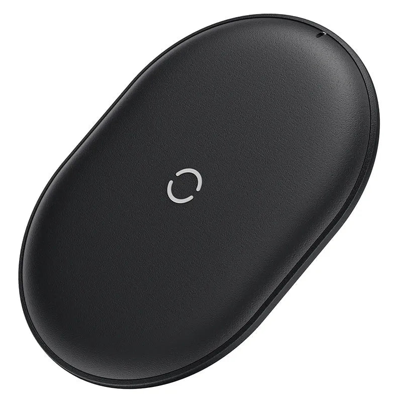 Baseus black wireless charging pad with phone positioned on charging surface