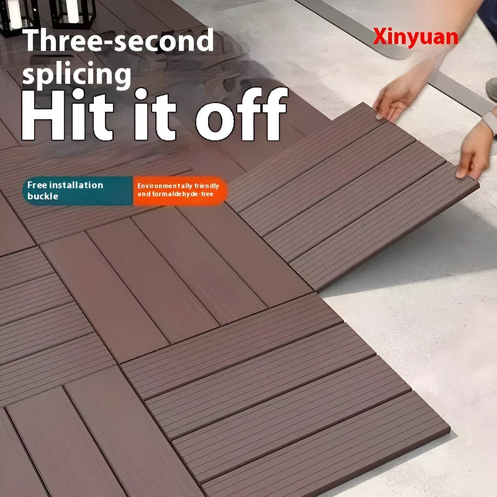 Pack of ten wood grain plastic interlocking floor tiles showing splicing edges.