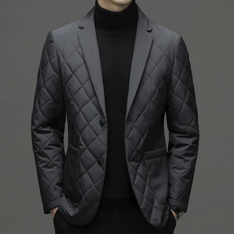 Men's thick winter down jacket with cardigan lapel in solid colour with side seam pockets